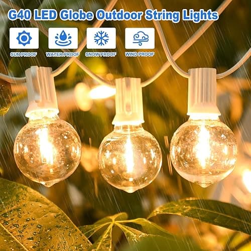Bosceos Outdoor G40 LED Globe String Lights 25FT Dimmable Shatterproof Waterproof Patio Lights with 12+2 Bulbs Connectable Commercial Hanging Light for Patio Balcony Backyard Party (White Wire) thumbnail 5