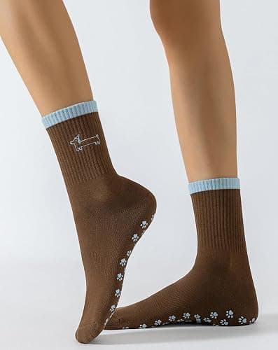 Yawlsow Cute Pilates Socks with Grips Yoga Grippy Socks Non-Slip Crew Embroidery Ruffle socks Barre Fitness Workout thumbnail 2