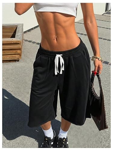 SHENHE Women's Wide Leg Sweat Shorts Drawstring Casual Lounge Sports Knee Length Bermuda Shorts thumbnail 4