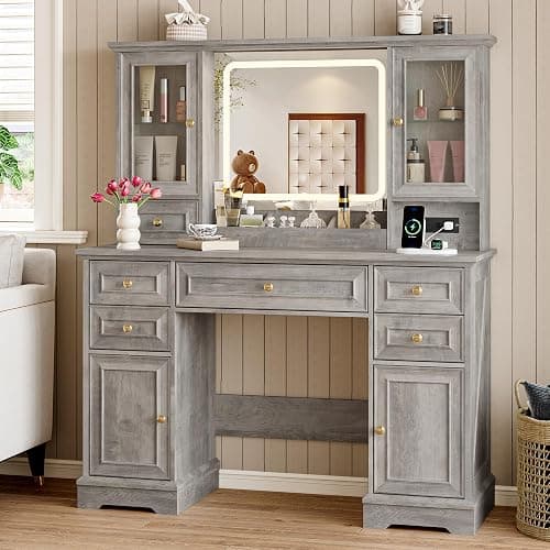BORNOON Vanity Desk with Lights, Large LED Mirror with 3 Color Modes, Makeup Vanity with Power Outlet & USB Ports, 6 Drawers & 2 RGB Glass Cabinets, Farmhouse Dressing Table for Women & Girls (Wood) - Image 1