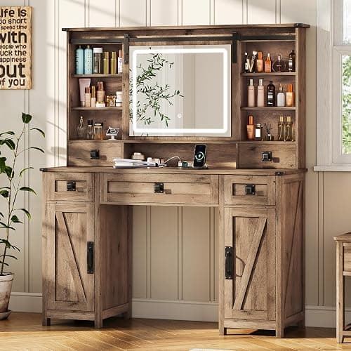 Makeup Vanity Desk with Lights, 47.2" Farmhouse Vanity Table with Sliding Mirror & Charging Station, Large Makeup Desk with 5 Drawers & 2 Cabinets, Rustic Oak - Image 1