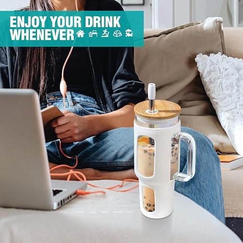 WINSA Glass Tumbler with Lid and Straw, 46 oz Iced Coffee Cup with Handle, Large Water Bottles with Silicone Sleeve, Glass Cup with Straws - Pearl Straw & Drinking Straw BPA Free-White thumbnail 2