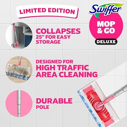 Swiffer Sweep and Mop Deluxe, Limited Edition Pink, 2-in-1 Floor Mopping and Sweeping Kit, Multi-Surface Kit for Floor Cleaning, Includes 1 Sweeper, 5 Heavy Duty Dry Cloths, 3 Heavy Duty Wet Cloths thumbnail 3