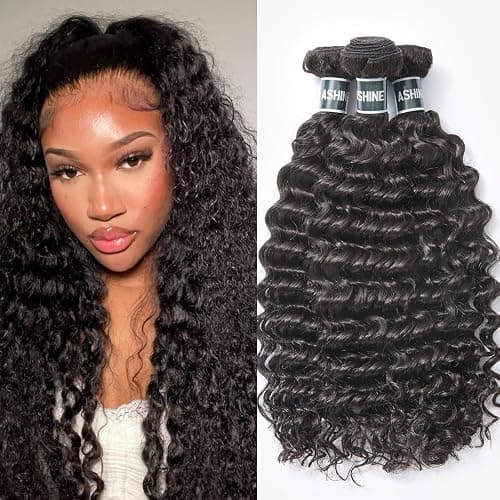 ASHINE Human Hair Bundles Deep Wave Unprocessed Cambodian Raw Hair 18 20 22 Inch, Flip Over Quick Weave Wet and Wave Bundles for Women Natural Black - Image 1