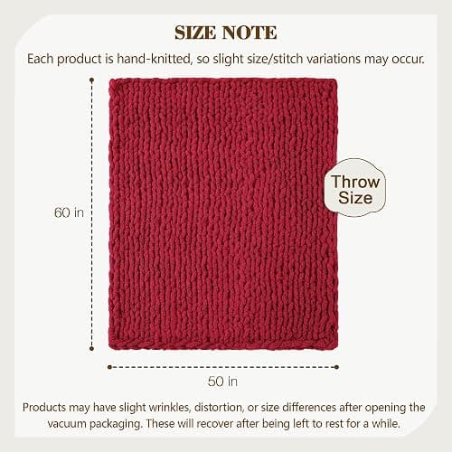 Carriediosa Chunky Knit Throw Blanket 50" X 60", 100% Hand Made Large Chenille Loop Yarn Soft Fluffy Throws for Couch Sofa Bed, Big Crochet Cozy Heavy Thick Cable Woven Blankets, Red thumbnail 3
