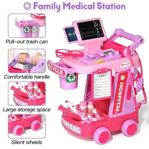 Phobby Doctor Kit for Toddlers Aged 3 4 5, Medical Pretend Play Set for Kids with Bag and Costume, Doctor Cart Toy for Girls Boys Birthday Gift (Pink) thumbnail 5
