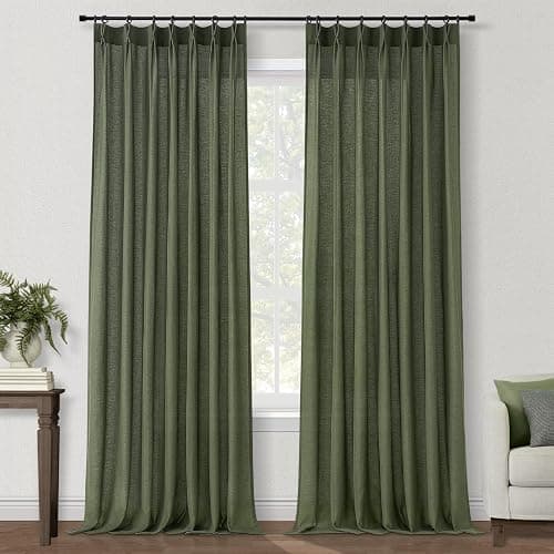 Pleated Linen Curtains 105 Inches Long for Living Room 2 Panel Set Olive Green Semi Sheer Light Filtering Pinch Pleat with Hooks Back Tab Drapes Neutral Boho 105 Inch Curtain for Bedroom Window thumbnail 10