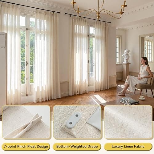 Liz Sheer Pinch Pleated Linen Curtains 90 Inches Long - Light Filtering Pleat Curtains for Living Room,Window Curtains for Bedroom, Luxury Pinch Pleated Drapes with Hooks, Natural, 2 Panels Set thumbnail 7