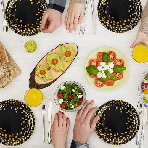 75PCS Paper Plates and Napkins Set - Black and Gold Dot Disposable Party Dinnerware Includes Paper Plates, Napkins, Forks Decorations for 2025 Graduations, Birthdays and Weddings, Serves 25 - 7inch - Black Gold Dot thumbnail 2