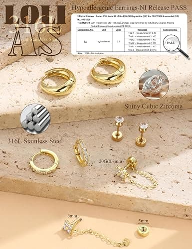 LOLIAS Flat Back Earrings for Women Hypoallergenic Surgical Steel Earrings for Sensitive Ears-20G Cartilage Earring Stacks 14K Gold Plated Hoops Flatback Stud Earring Sets for Multiple Piercing thumbnail 3