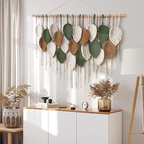 KHOYIME Large Macrame Wall Hanging Boho Woven Tapestry, Chic Home Decor Modern Bohemian Handmade Leaf Feather Wall Art Decorations for Apartment Dorm Living Room Bedroom Nursery Backdrop 39"W X 29.5"L thumbnail 5