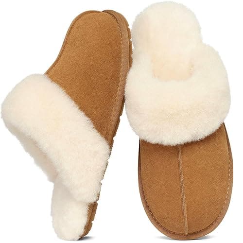 KIDMI 100% Genuine Leather Slippers for Women Fuzzy Winter Scuff House Shoes Cozy Warm Slip on Bedroom Slippers Indoor Outdoor - Image 1