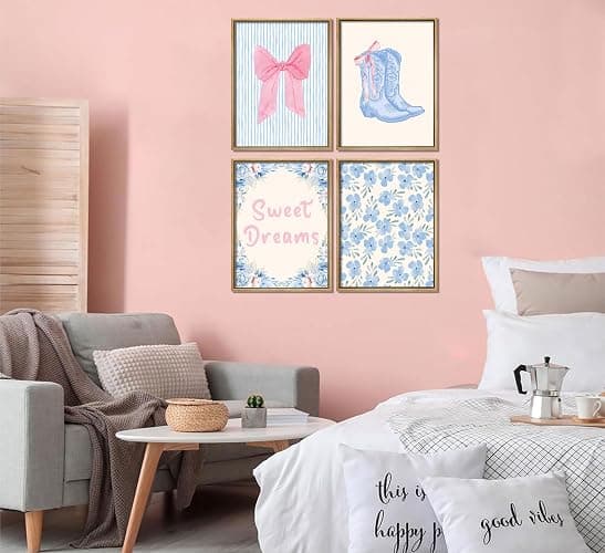 4pcs Trendy Preppy Wall Art Pink Bow Boots Blue And White Stripes pictures wall decor Sweet Dreams Blue Flowers Posters Prints Artwork for Home Bedroom Dorm Home Decration 8x10in Unframed thumbnail 5