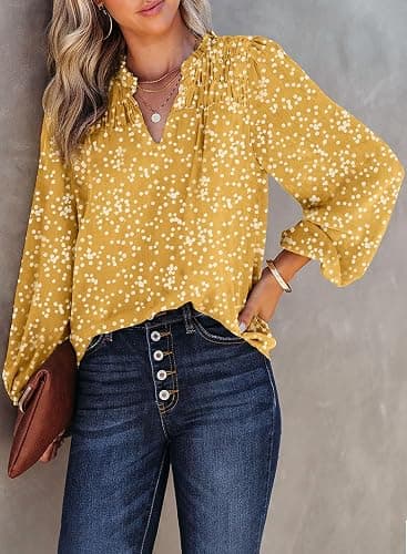 Dokotoo Women's Casual V Neck Alicia Floral Print Smocked Long Sleeve Chiffon Blouses Bohemian Top Shirts thumbnail 2