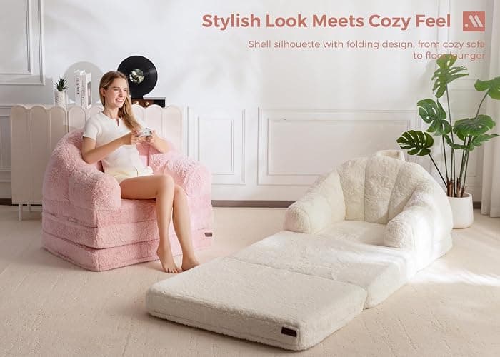 MAXYOYO Folding Sofa Bed, 2 in 1 Convertible Sofa to Lounger Comfy Single Bean Bag Chair for Adults, Floor Sleeper Couch with Handle, Faux Fur Couch Bed for Living Room Bedroom, Beige thumbnail 4