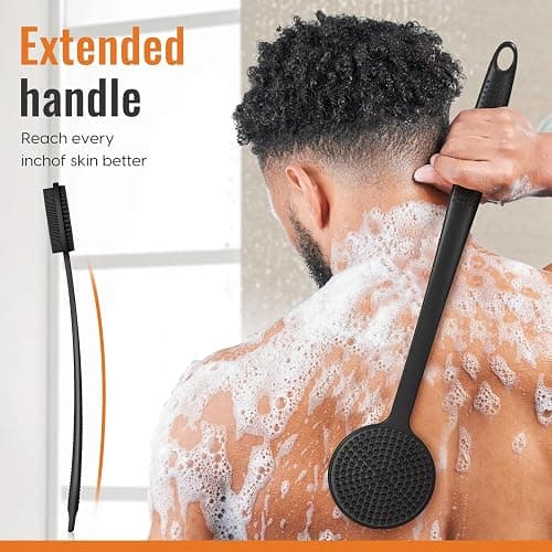 Silicone Back Scrubber for Shower, 17in Lengthen Long Handle Body Brush, Double Sided Shower Brush for Shower Exfoliating and Massage Can Produce Rich Foam, Long Handle Back Scrubber for Men thumbnail 5