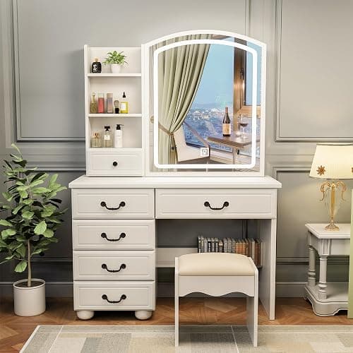 Runboll Makeup Vanity Desk with Mirror and Lights, Dressing Table Set with Stool, Makeup Table with 6 Drawers and Shelves Storage, 3 Lighting Modes, Brightness Adjustable thumbnail 7