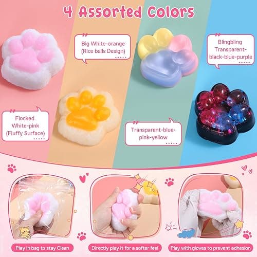 Taba Squishy, 4Pcs Cute Cat Paw Fufu Sticky Squishies Puppy Paw Print, Ultra-Soft Safe Silicone Stretchable Springy Cat Paw, Gifts for Kids Adult thumbnail 2