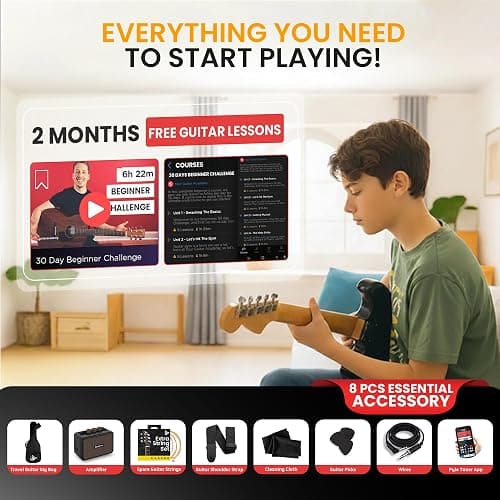 Pyle Electric Guitar and Amp Kit - Full Size 39" Complete Starter Kit with Wearable Bluetooth Amplifier, 1/4” Cable, Carry Case, Strap, Strings, Picks, Cleaning Cloth, ST-Style Pickups (Blue Burst) thumbnail 2