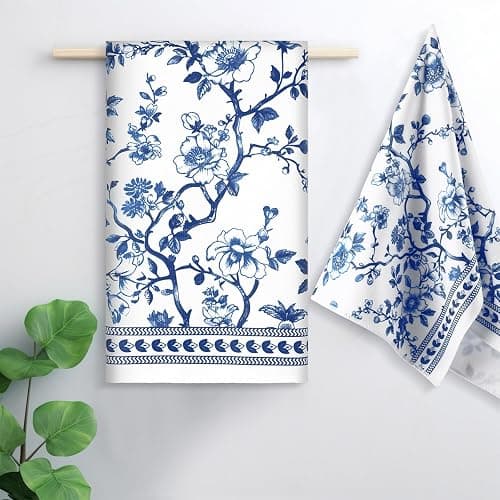 HunnmingRe 2 Pcs Chinoiserie Floral Kitchen Towels Blue White Flowers Dish Towels 18 x 28 Inch Vintage Farmhouse Cottage Decor Toile De Jouy Dish Microfiber Hand Drying for Bathroom French Country thumbnail 7