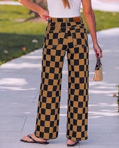 luvamia Checkered Pants Women High Rise Cinch-Waist Stretchy Wide Leg Jeans | Adjustable Waist, Patterned Pants for Women, Baggy Jeans Y2K, Checkerboard Print, Alternative Clothes thumbnail 8