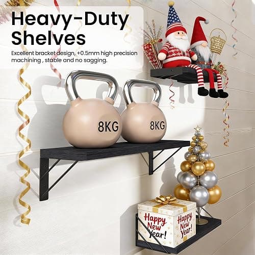BAYKA Wall Mounted Floating Shelves, Wood Floating Wall Shelf for Books & Decor, Small Space-Saving Display & Organizer（Black，Set of 3） thumbnail 5