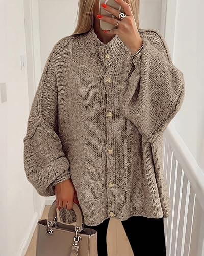 BTFBM Cardigan Sweaters for Women 2025 Fall Clothes Lantern Long Sleeve Button Open Front Chunky Knit Oversized Sweater thumbnail 2