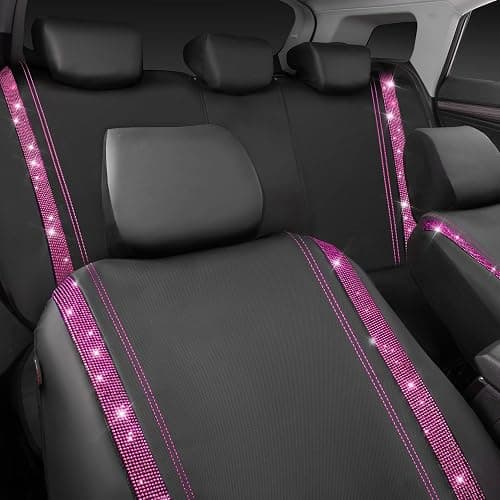 CAR PASS Bling Diamond Car Seat Covers Full Set, Shining Rhinestone Waterproof Faux Leather, Rear with Zipper, Universal Fit Automotive Glitter Crystal Sparkle Strips for Women Girl, Black Pink thumbnail 8