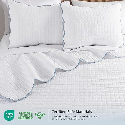 WDCOZY White Queen Size Quilt Bedding Set, Scalloped Farmhouse Country Rustic Lightweight Soft Coverlet, Cute Cozy Kantha Pick Stitch Bedspread, 2 Pillow Shams, Blue Edge White Stitching thumbnail 3