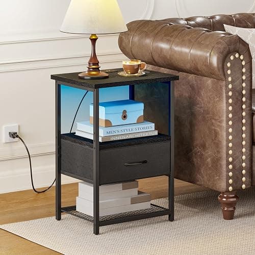 Fixwal Night Stand with Charging Station, LED Nightstand Side Table with Fabric Drawers PU Finish, End Tables Bedroom, Bedside Table, Black thumbnail 7