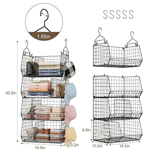 Jautokerdar 4 Tier Hanging Closet Organizer with Dividers,Extra Large Storage Hanging Shelf with 5 S Hooks 4 Dividers,Hang on Wire Closet Shelving Clothes Organizer-Black thumbnail 3