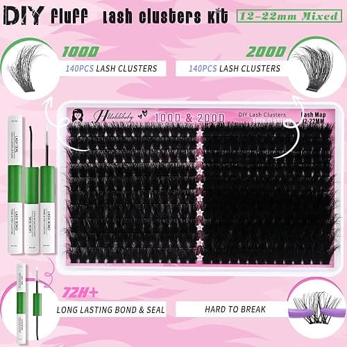 Lash Clusters Kit 100D+200D Mega Lashes Clusters 12-22mm Wispy Individual Thick Volume Eyelash Extensions 280Pcs with Bond and Seal Waterproof DIY Lash Extension at Home, by Hushlibaby(Plant Fiber) thumbnail 5