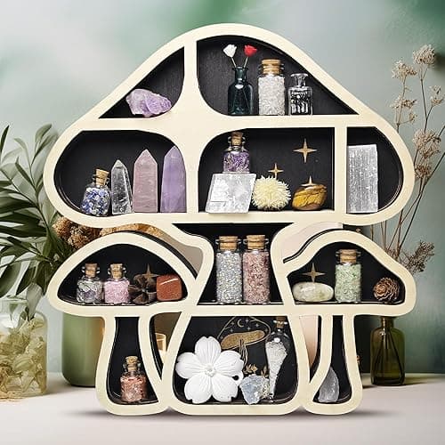 FNYDOX Wooden Mushroom Floating Shelves, Crystal Display Shelf for Wall, Cute Mushroom Wall Decor, Rock Gem Stone Storage Organizer, Essential Oil Holder Hanging Case, Meditation Art Spiritual Gift - 3 Mushrooms thumbnail 8