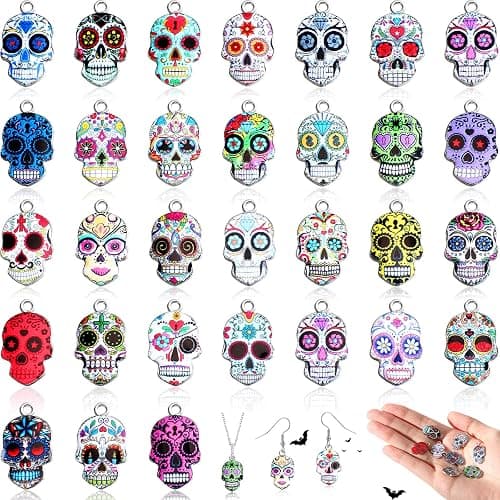 Hicarer 62 Pcs Sugar Skull Charms for Jewelry Making Halloween Enamel Charms Dia De Los Muertos Flower Skull Pendants for Necklaces Bracelets Earring Crafts(Chic Style) - Image 1