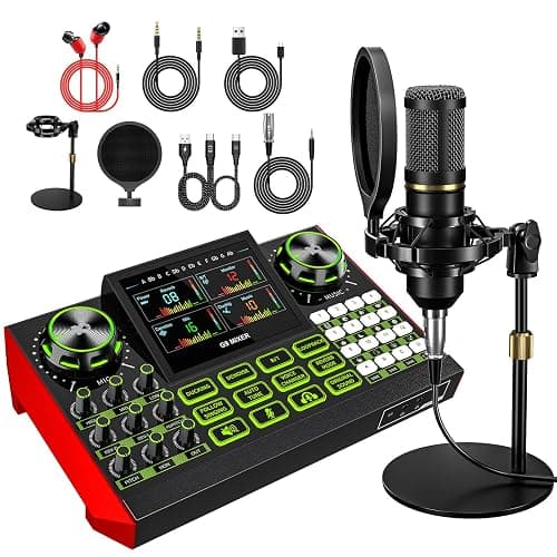 neculogy Podcast Equipment Bundle, Audio Interface with Cardioid Designer BM800 Mic for Gamer and All-in-One DJ Mixer, Perfect for Live Streaming, Singing, YouTube, Gaming - Image 1