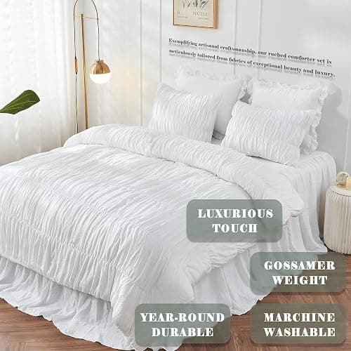 Bonlino Queen Comforter Set White Bedding - Ruched Comforter Queen Size Bed Set Boho Shabby Chic Bedding for Bedroom Comforter Fluffy 3 Piece Ruffle Comforter Set with Pillow White Soft thumbnail 3