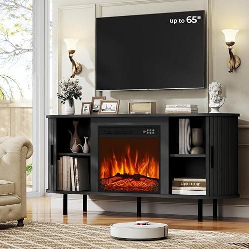 BREEZEHEAT 55'' Mid Century Modern Fluted TV Stand with 18" Fireplace, Curved Fireplace Entertainment Center for TVs Up to 65 Inches, Media Console Cabinet for Living Room/Bedroom, Black thumbnail 2