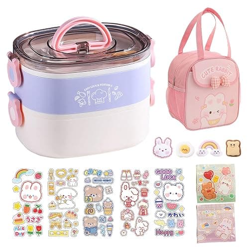 Paidideng Kawaii Bento Box Bento Lunch Box with Lunch Bag,Tableware,Biscuit bags,2 Layers Stacked Leakproof Cute Lunch Box,for Travel,Office,Gym. (purple) - Image 1