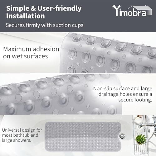 Yimobra Non Slip Bathtub Mat 40"x16", Super Strong Suction Cups, Extra Long Shower Mat with Drain Holes, Machine Washable Fast Draining Bathroom Floor Mat, Clear Grey thumbnail 3