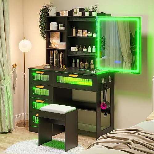 HNEBC Vanity Desk with Sliding Mirror and LED Lights, RGB Vanitys with Charging Station, Makeup Vanitys with Remote Control, White Dresser with Stool/Lager Drawers for Bedroom (Black) thumbnail 8