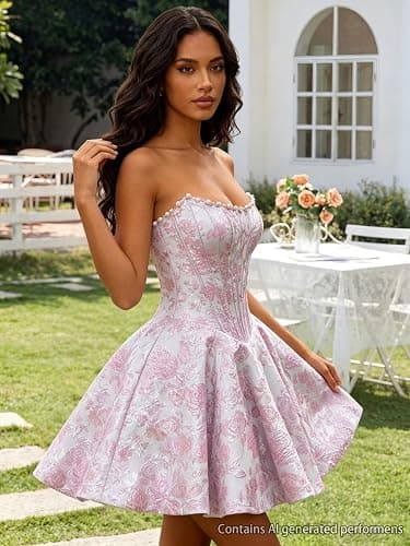 WuQiguja Jacquard Satin Homecoming Dresses Short Floral Prom Dresses | Embroidered Satin, Strapless, Pearls, A-Line, Corset Mini Dress, Graduation Dress, HOCO Dresses for Teens,Wedding Guest Dress thumbnail 3
