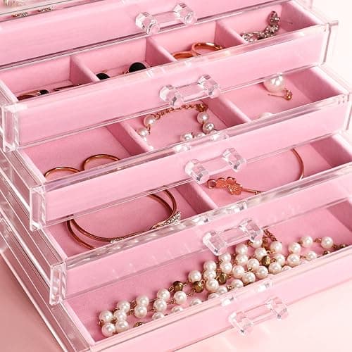 Frebeauty Extra Large Acrylic Jewelry Box for Women 5 Layers Clear Jewelry Organizer Velvet Earring Box with 5 Drawers Rings Display Case Necklaces Holder Tray for Women Girls(Pink) thumbnail 4