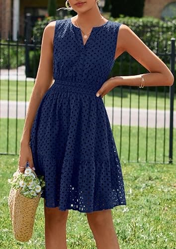 PRETTYGARDEN Women's Summer Eyelet A Line Short Dresses | Sleeveless Sun Dresses, V Neck, Hollow Out, Lightweight Flowy Swing, Fit & Flare, Beach Vacation Outfits, Boho Party Dress thumbnail 8