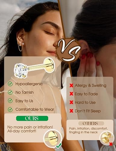 ORAZIO 16G/18G/20G Threadless Flat Back Earrings 316L Surgical Steel Cartilage Earring Stacks Flatback Push in Nose Rings Studs Hypoallergenic Tragus Helix Conch Labret Medusa Piercing Jewelry thumbnail 6