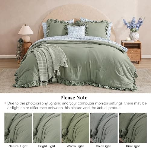 BLOOMHAVEN Queen Comforter Set - 7 Pieces Ruffle Sage Green Bedding Sets, Shabby Chic Farmhouse Bed in a Bag Queen with Ruffle Comforter, Floral Sheets, Pillowcases & Shams thumbnail 7