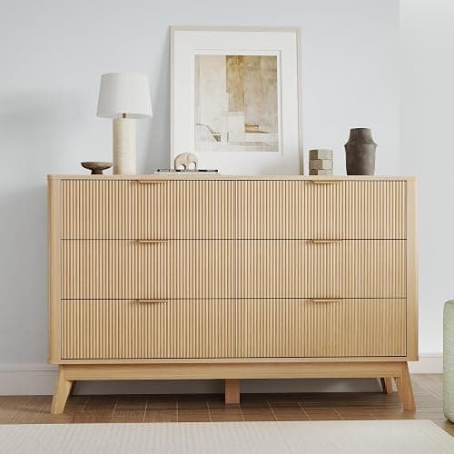SUNWAVE 6 Drawer Dresser for Bedroom, 49.6" Wide Modern Fluted Dresser with Round Corner, Wood Chest of Drawers for Living Room (Oak) - Image 1