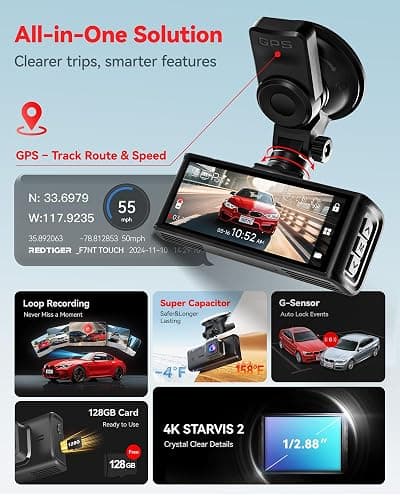 REDTIGER 4K STARVIS 2 Dashcam Front Rear, 5GHz WiFi 20MB/s, Free 128GB Card | Voice Control, Touch Screen, GPS, Loop Recording, Parking Mode, Audio Recording, WDR Night Vision, Supercapacitor(F7N Touch) thumbnail 3