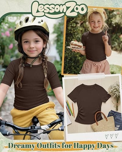 LessonZoo Girls Short Sleeve Shirts Kids Ribbed Knit Side Ruched Tops Crew Neck Slim Fit Tees Summer Basic Cute 5-14 Years thumbnail 4