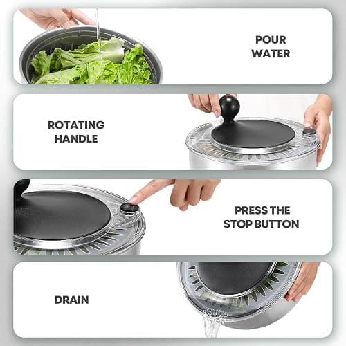 SveBake 5.3Qt Stainless Steel Salad Spinner with Stop Button, BPA-Free Vegetable Lettuce Spinner, Transparent Lid & Drainage Hole, Non-Slip Base, Dishwasher Safe Fruit Washer thumbnail 5