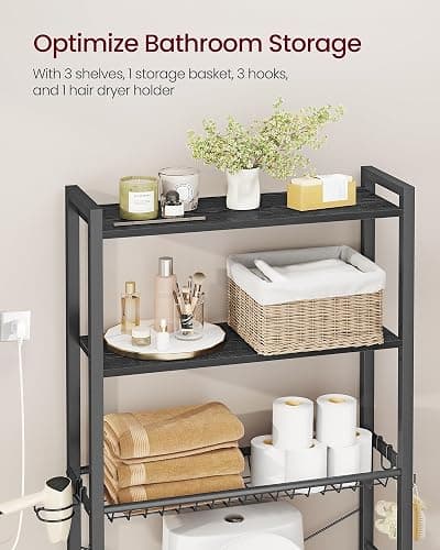 VASAGLE Over the Toilet Storage, Over Toilet Bathroom Organizer with Adjustable Shelves and Basket, 3 Hooks, Space Saving, 9.4 x 23.6 x 63 Inches, Ebony Black UBTS113BE01S thumbnail 5